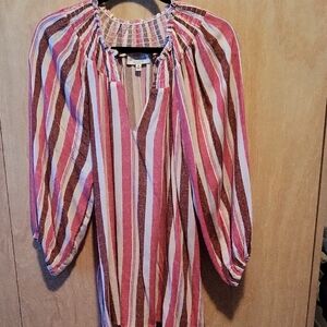 Bobeau Pink Stripped Smocked 3/4 Sleeve Blouse
